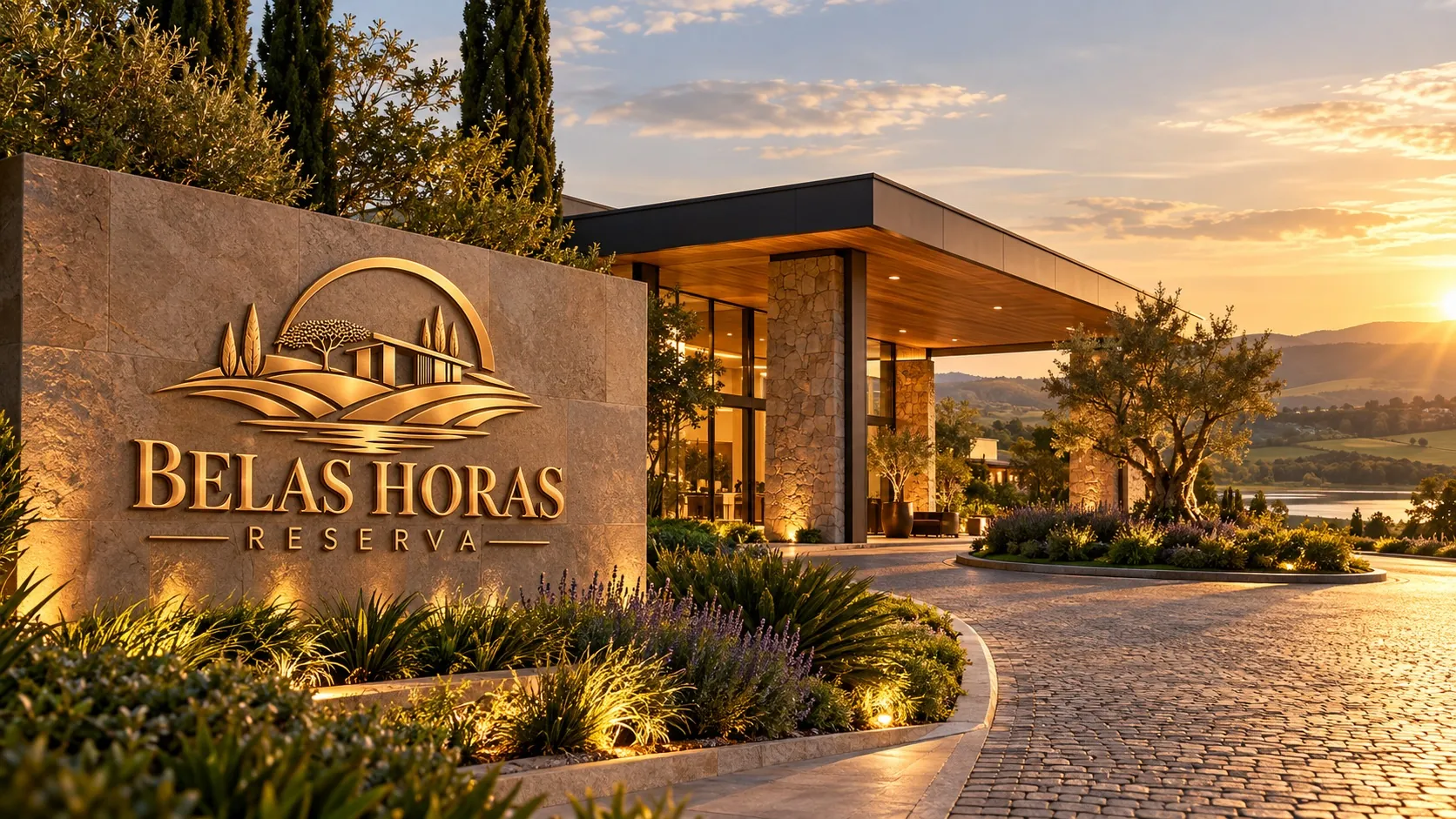 Placa de pedra com o logotipo dourado na entrada do resort, ao entardecer