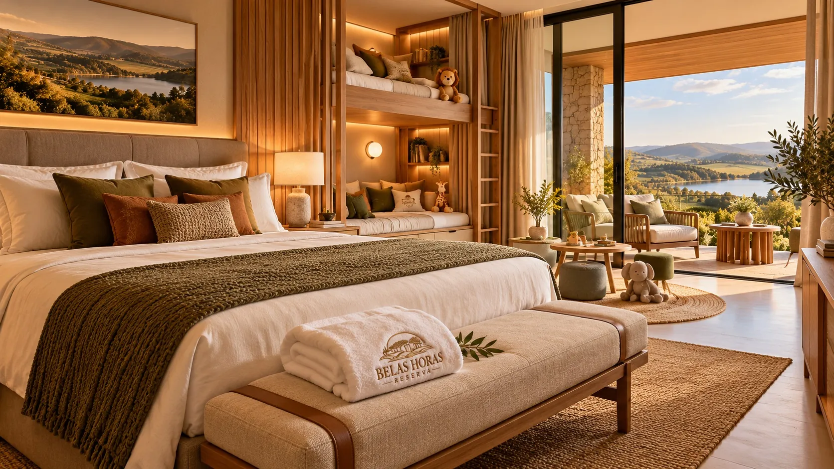 Suíte família com beliche embutido e sala de estar voltada para o lago
