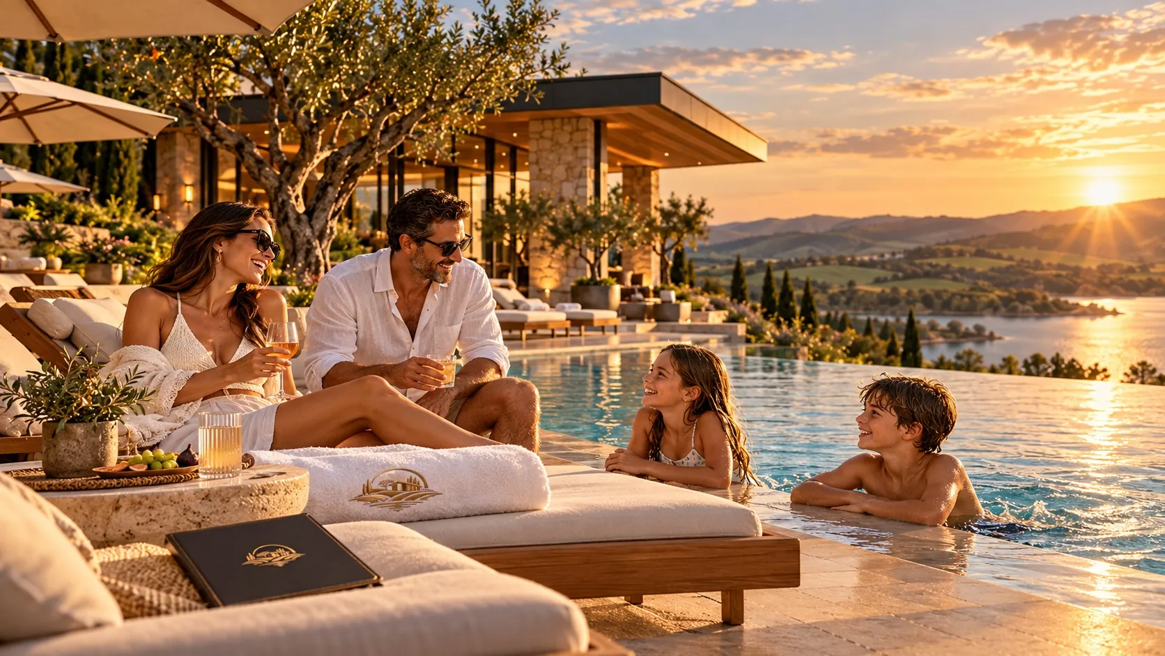 Casal à beira da piscina com os filhos, ao pôr do sol