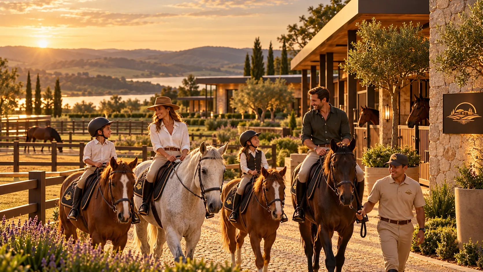 Famílias passeando a cavalo ao entardecer, acompanhadas pela equipe