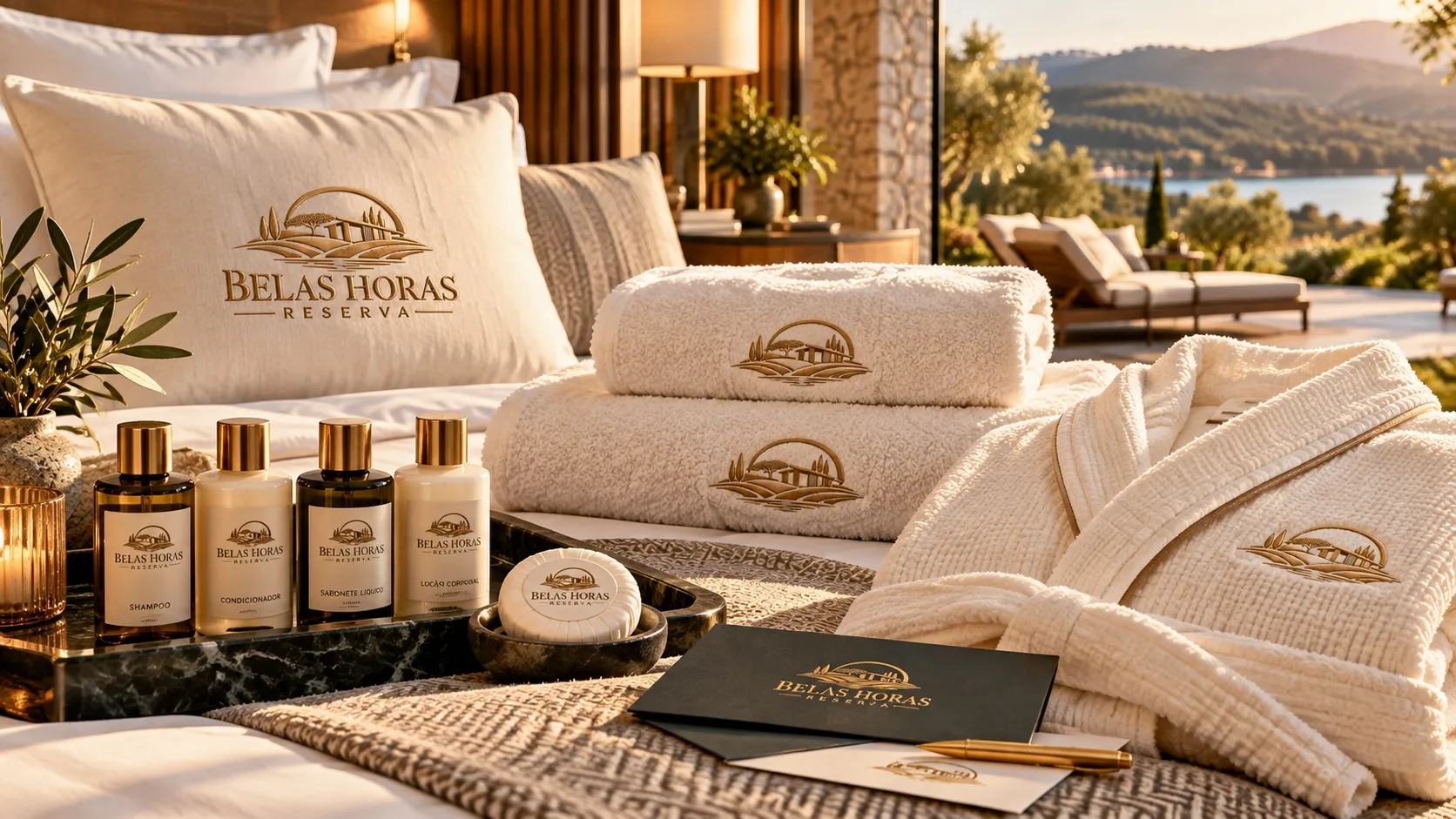 Roupões, toalhas e amenities com o símbolo bordado sobre a cama