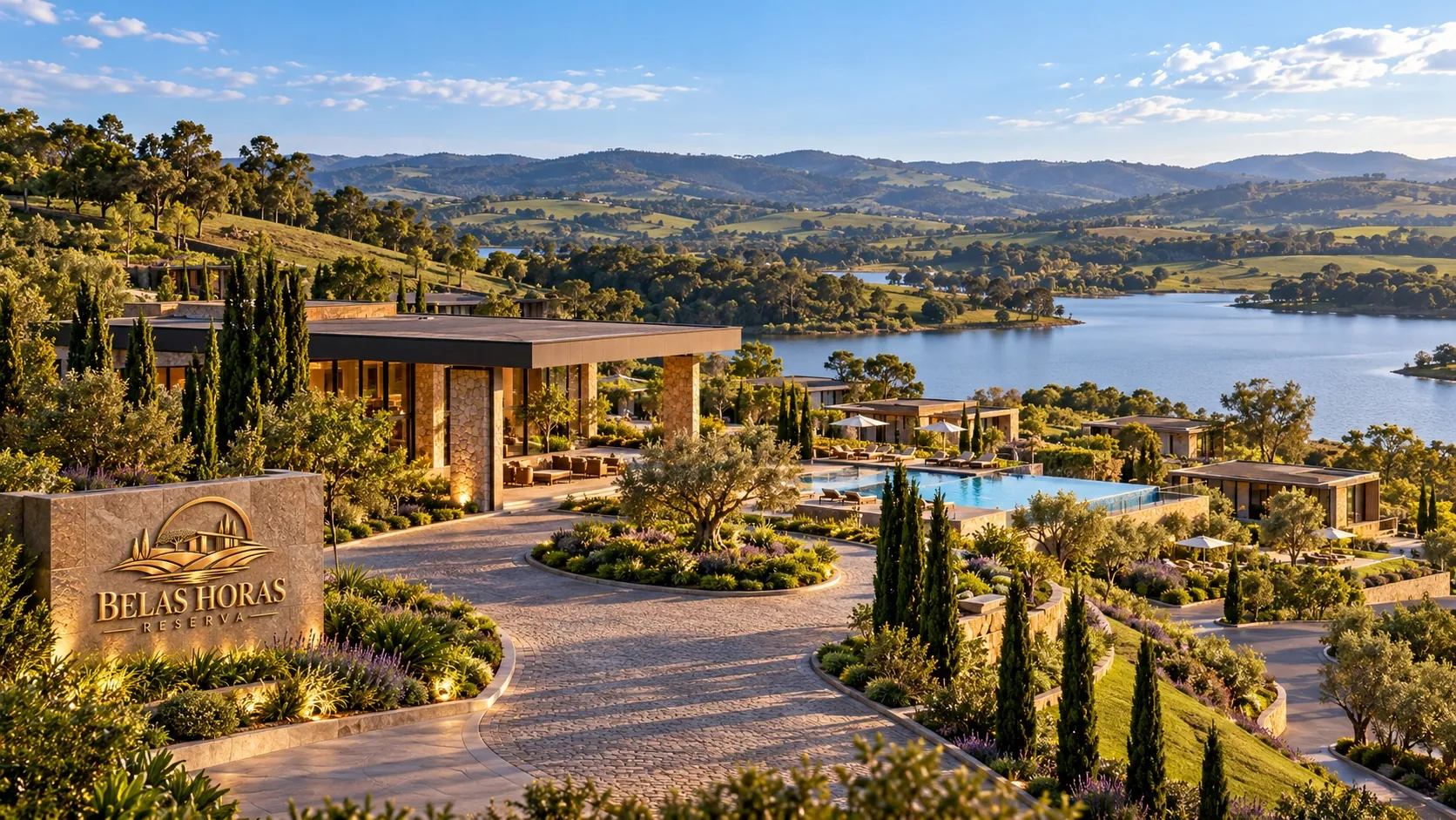 Vista aérea do resort, com a placa de entrada, a piscina e o lago ao fundo