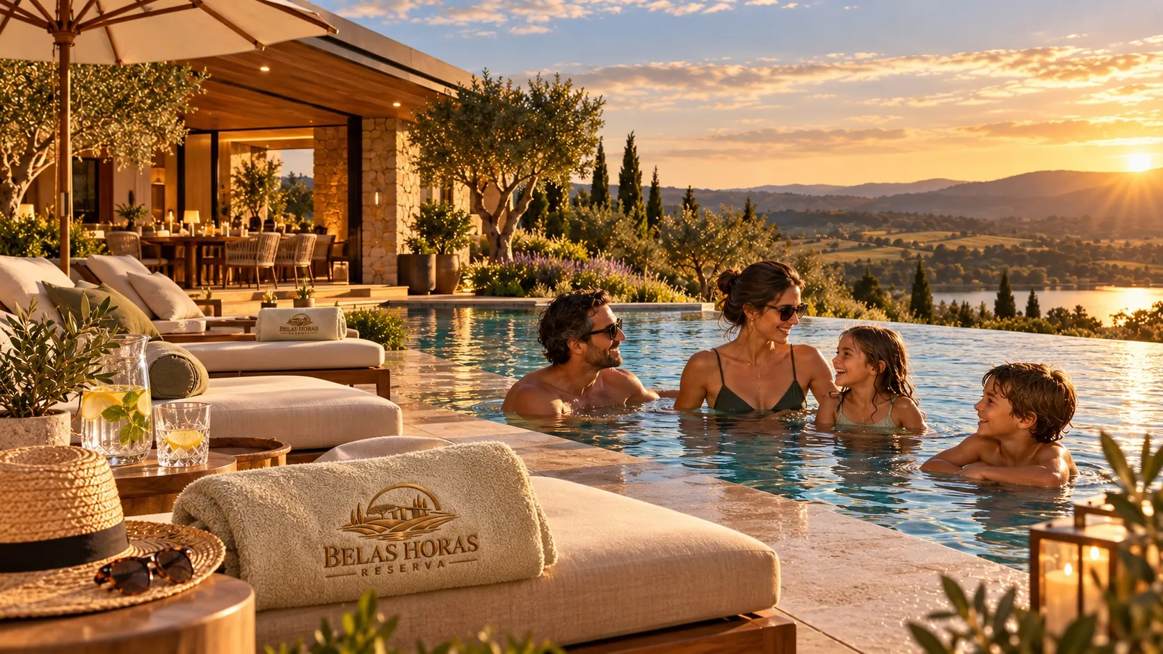 Família na piscina de borda infinita, com toalha bordada ao lado