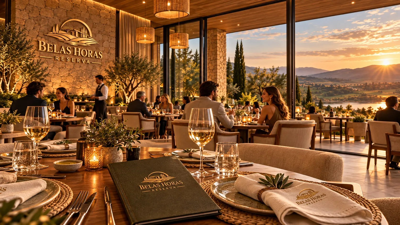 Restaurante com mesas voltadas para o pôr do sol e cardápio em verde