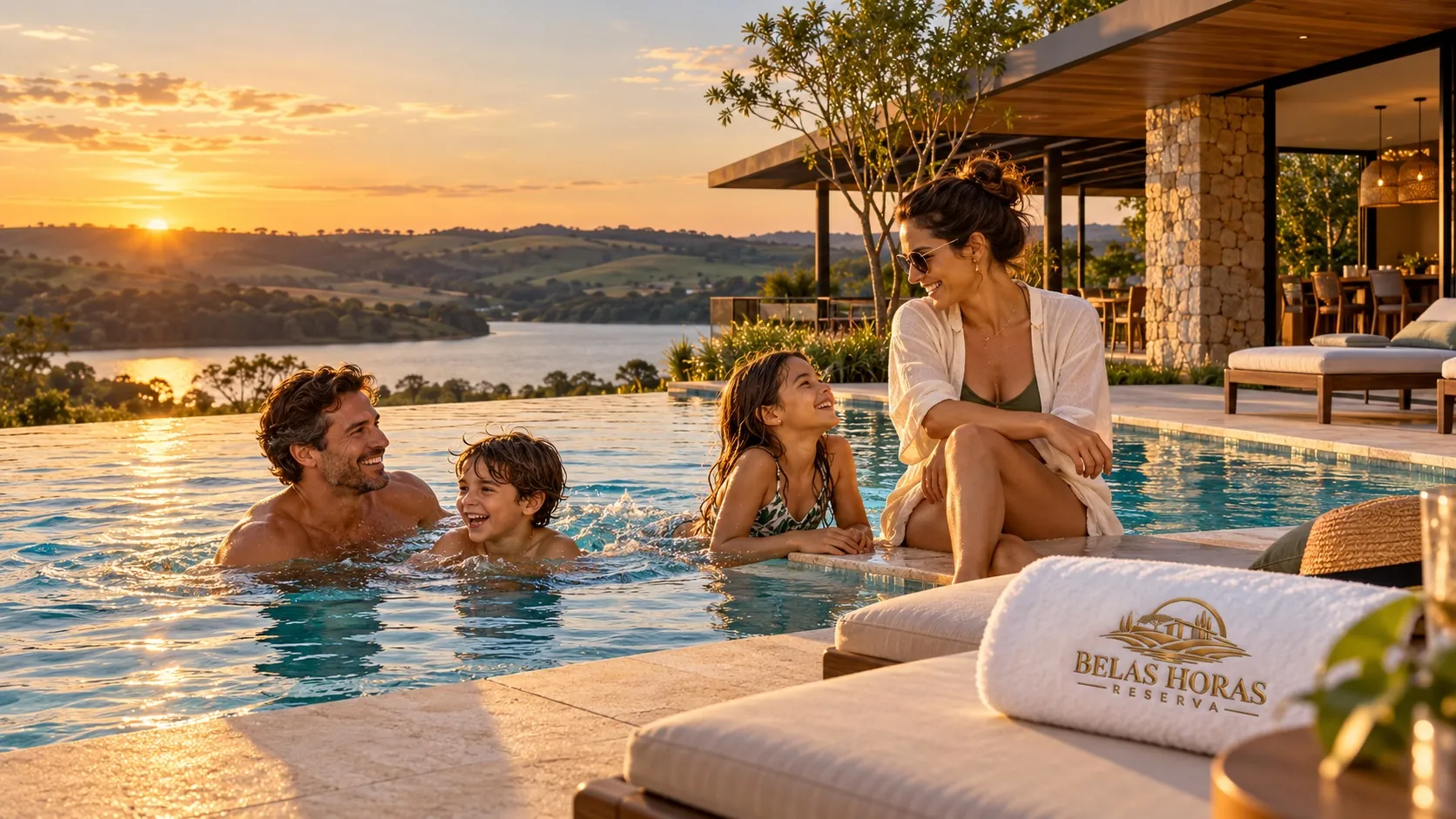 Família na piscina ao pôr do sol, com toalha bordada em primeiro plano