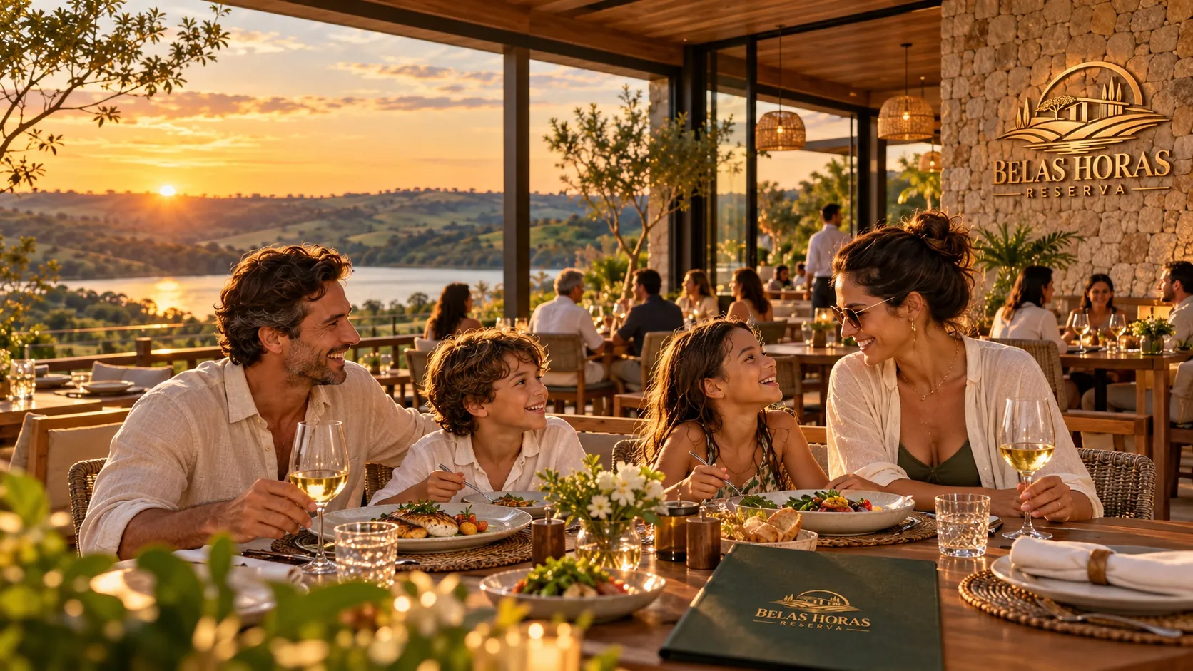Família à mesa do restaurante, ao entardecer