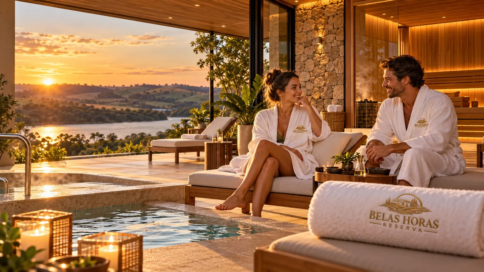 Casal de roupão relaxando ao lado da piscina do spa