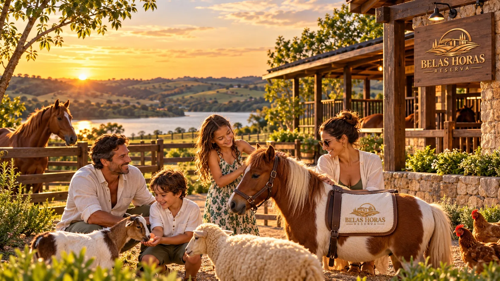 Família alimentando cabras e ovelhas ao lado de um pônei, ao pôr do sol