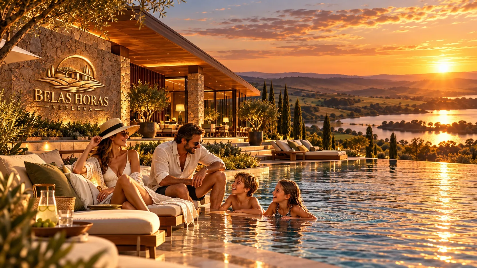 Casal e filhos à beira da piscina, com o sol se pondo sobre o lago