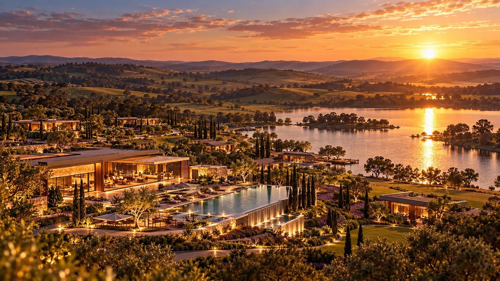 Vista aérea do resort ao pôr do sol, com a piscina e o lago refletindo a luz