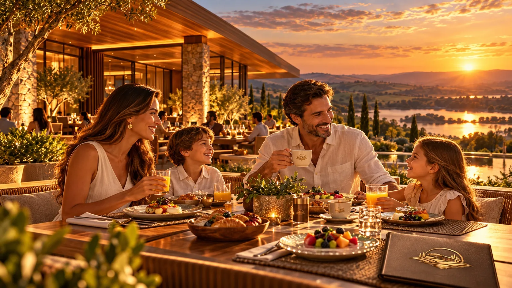 Família tomando café da manhã na varanda, com a paisagem ao fundo